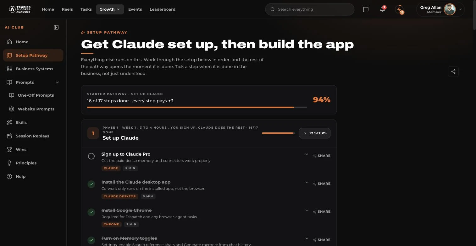 The Setup Pathway tab in the Tradies App, headed "Get Claude set up, then build the app", showing 16 of 17 steps done at 94 per cent and the individual steps listed with the finished ones struck through