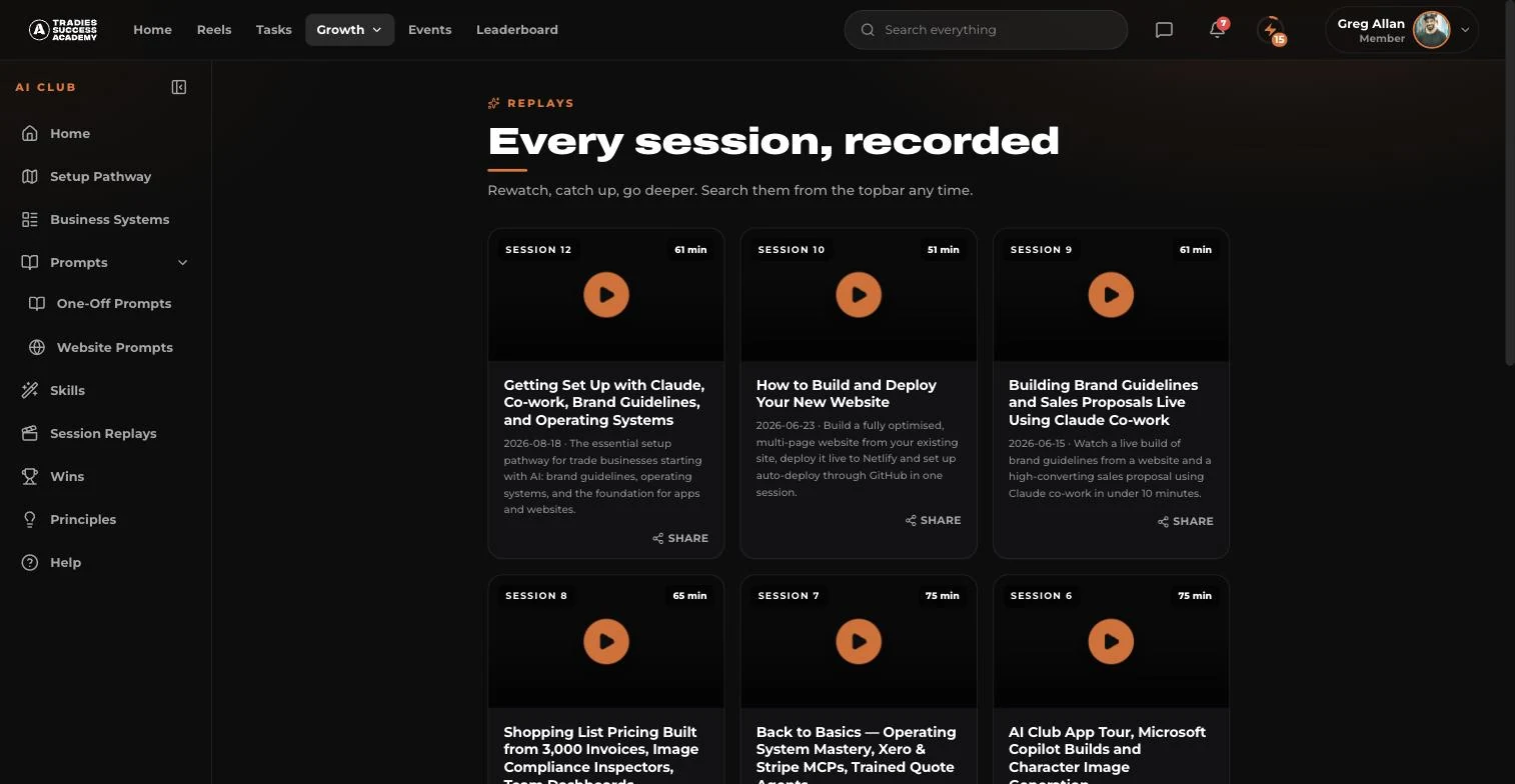 The Session Replays tab in the Tradies App, headed "Every session, recorded", showing recorded sessions with their dates and running times