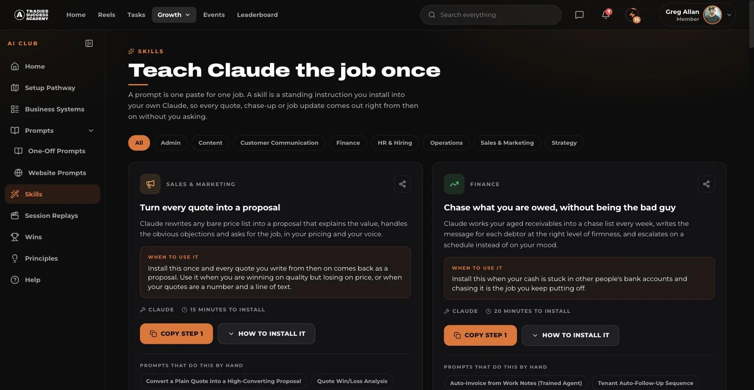 The Skills tab in the Tradies App, headed "Teach Claude the job once", showing two skills for turning a quote into a proposal and chasing what you are owed