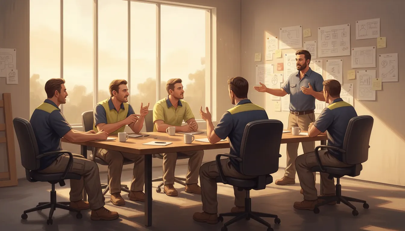 A small group of trade business owners in a coaching session, one of them explaining a plan at the head of the table