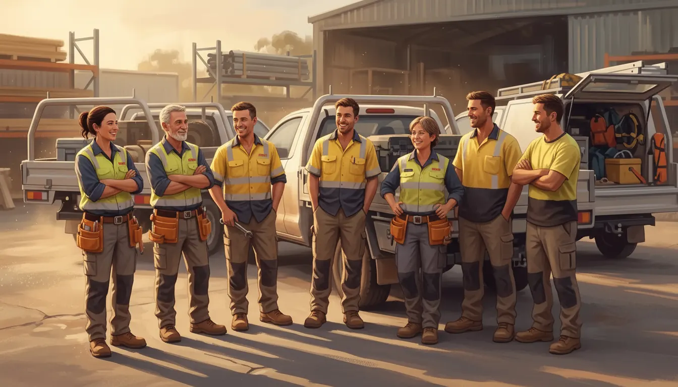 A group of Australian tradespeople of mixed trades standing together in a work yard at the end of the day