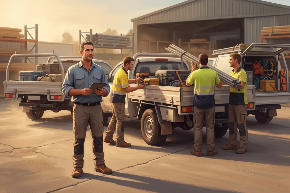 A trade business owner standing calmly in the yard while his crew load two utes behind him