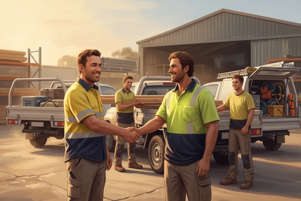 A trade business owner shaking hands with a new apprentice in the work yard