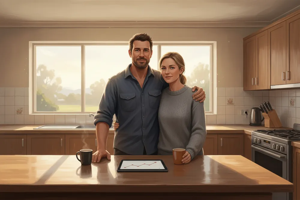 A trade business owner and his partner in the kitchen looking at a tablet showing the numbers going up