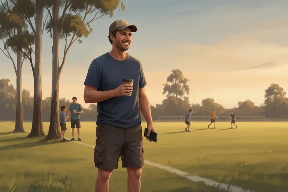 A trade business owner watching his child play sport on a Saturday morning, coffee in hand and phone face down