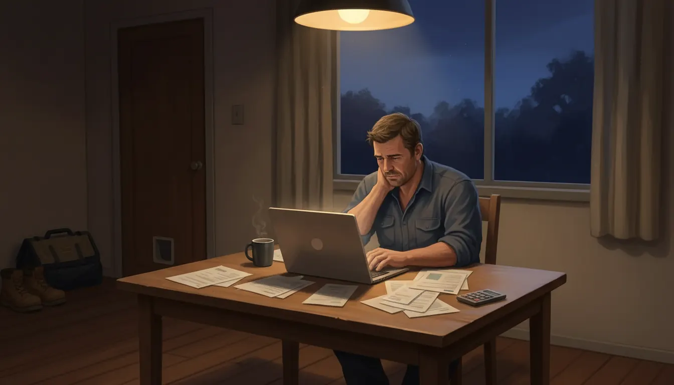 A trade business owner working alone at the kitchen table late at night, laptop open and paperwork spread across the table, work boots and tool bag by the door