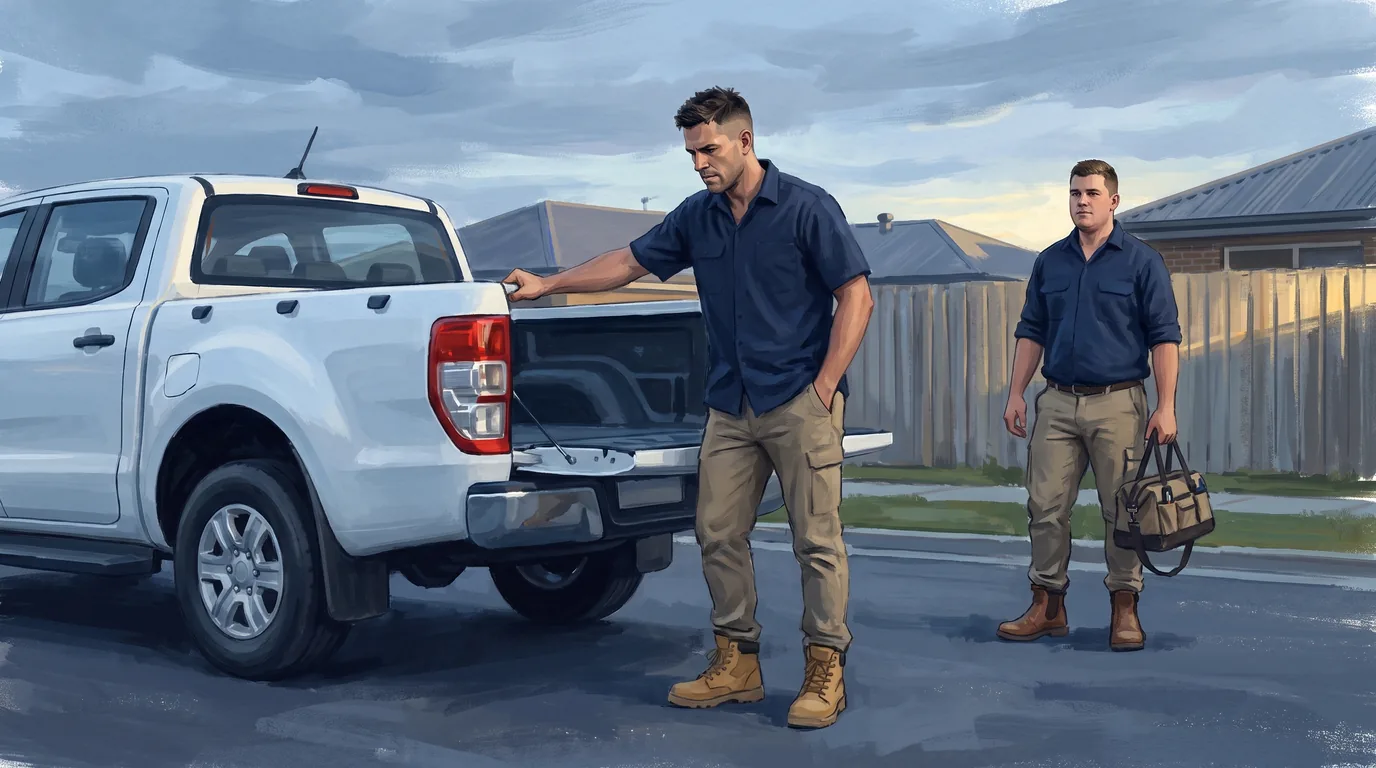 A painted illustration of a young Australian trade business owner standing at the open tailgate of his ute at the end of a job, looking at the ground, while his apprentice waits a few steps away holding a tool bag.