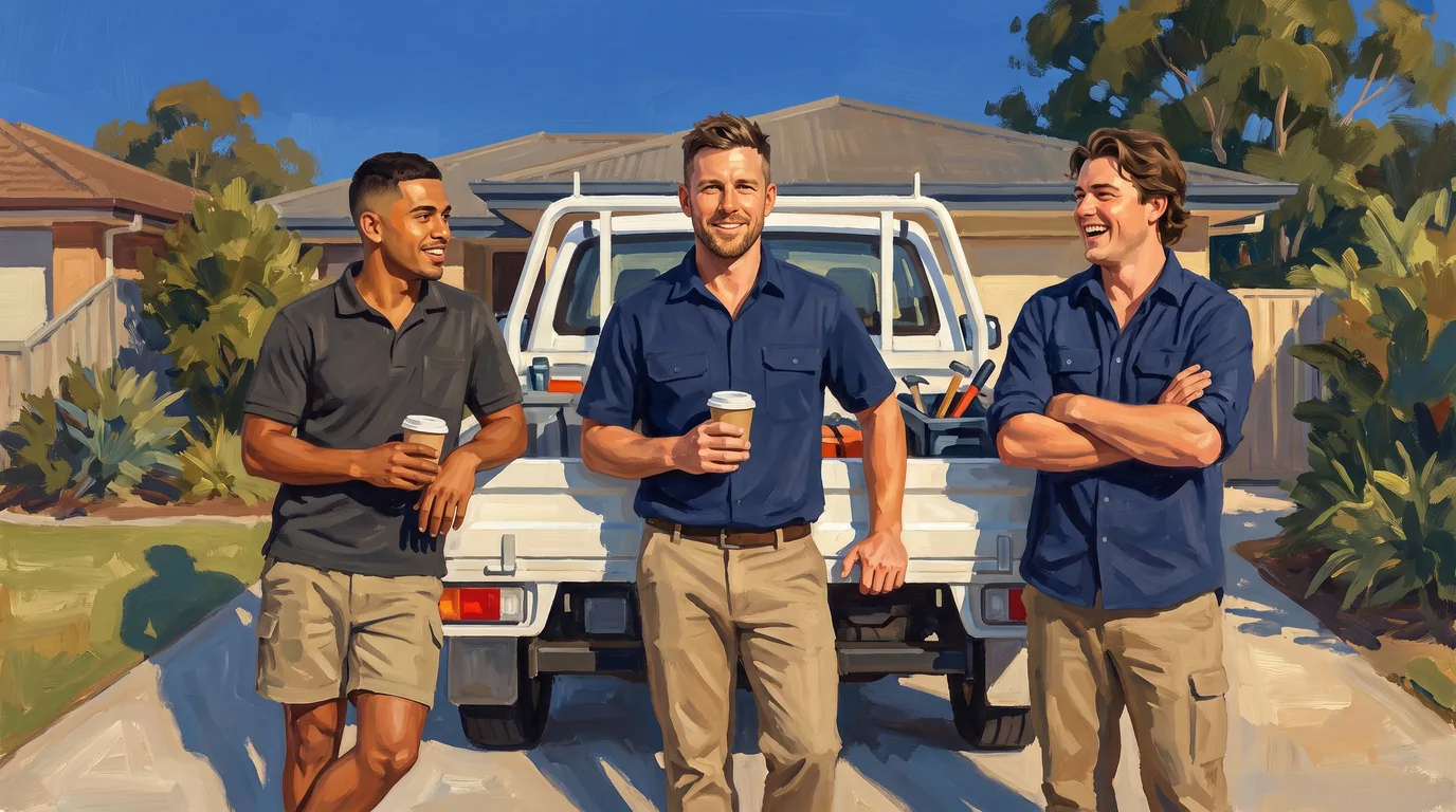 A painted illustration of a young Australian trade business owner and his two crew standing at the back of their ute in bright morning sun, coffees in hand, easy with each other before the day starts.