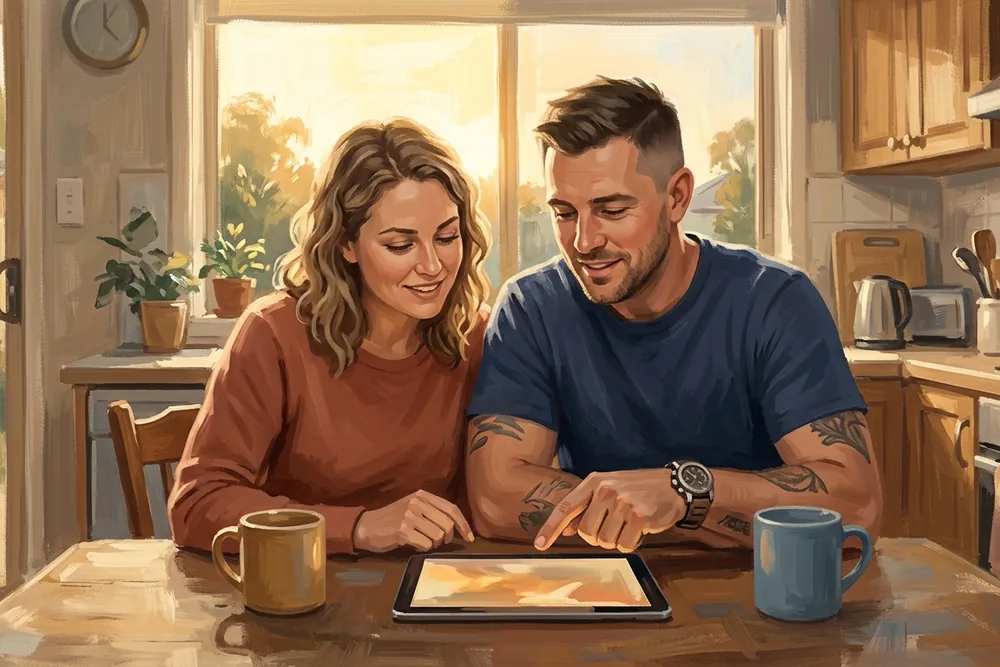 A trade business owner and his partner at the kitchen table going over the month figures together on a tablet