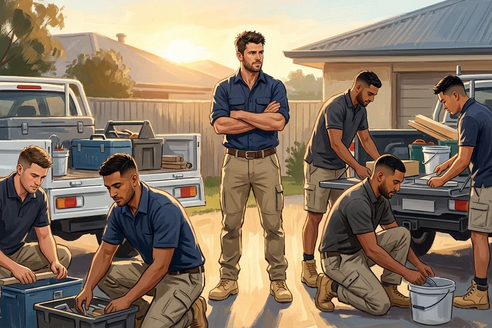 A trade business owner standing back with his arms folded while his crew load two work utes at sunrise