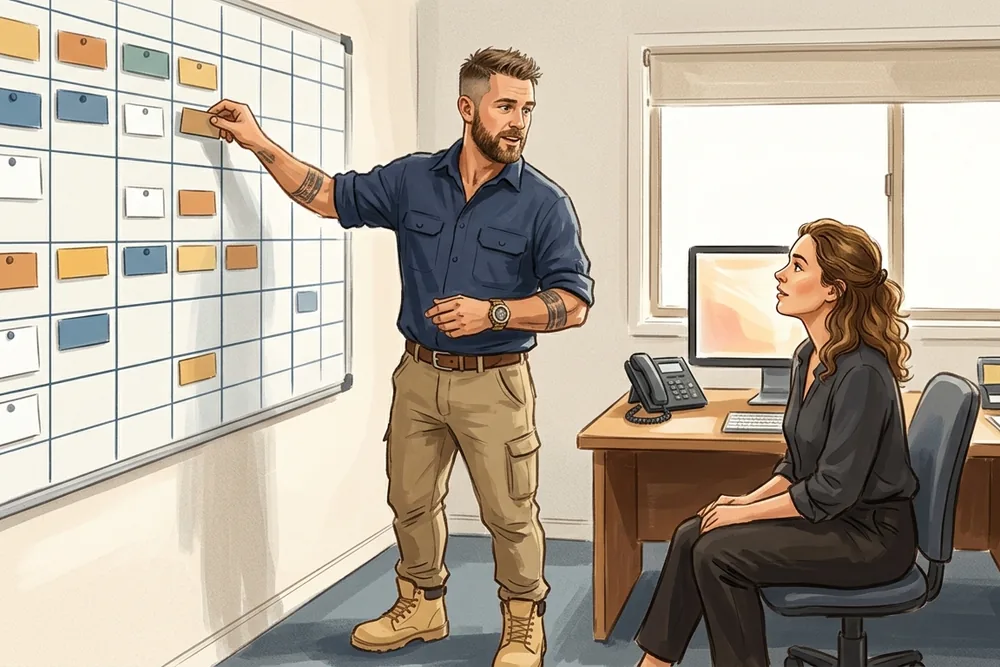 A trade business owner moving a card across a wall planning board while his office coordinator looks on