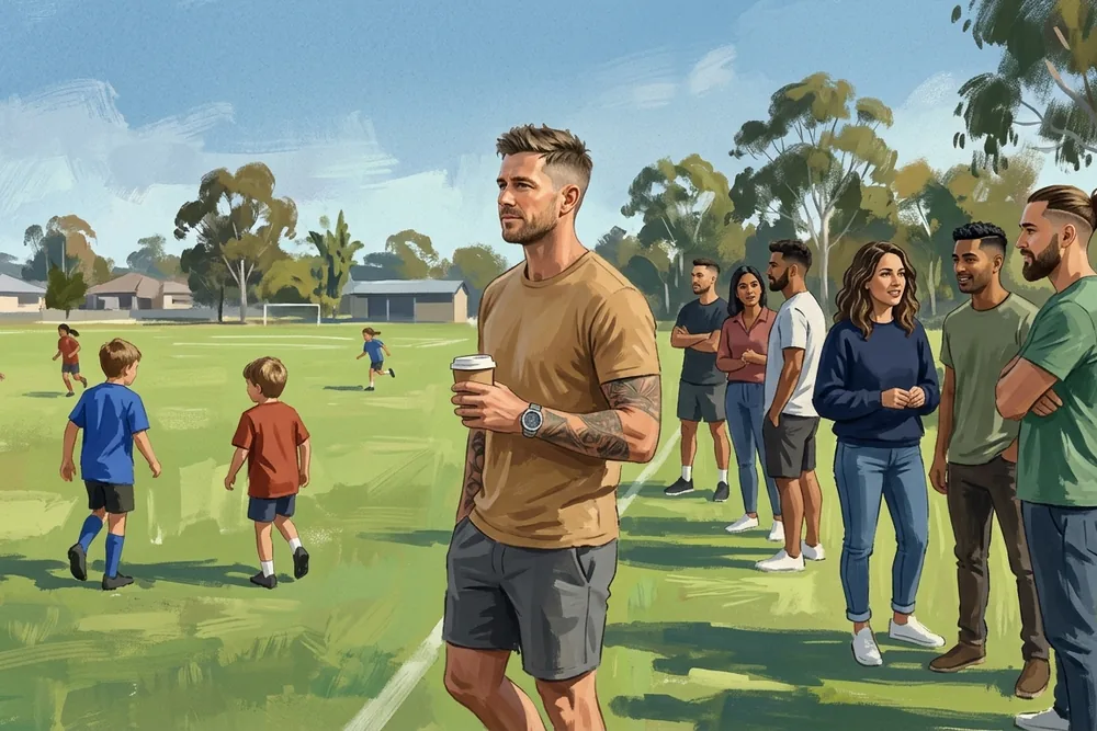 A trade business owner at a suburban sports oval on a Saturday morning, coffee in hand, watching his kids play