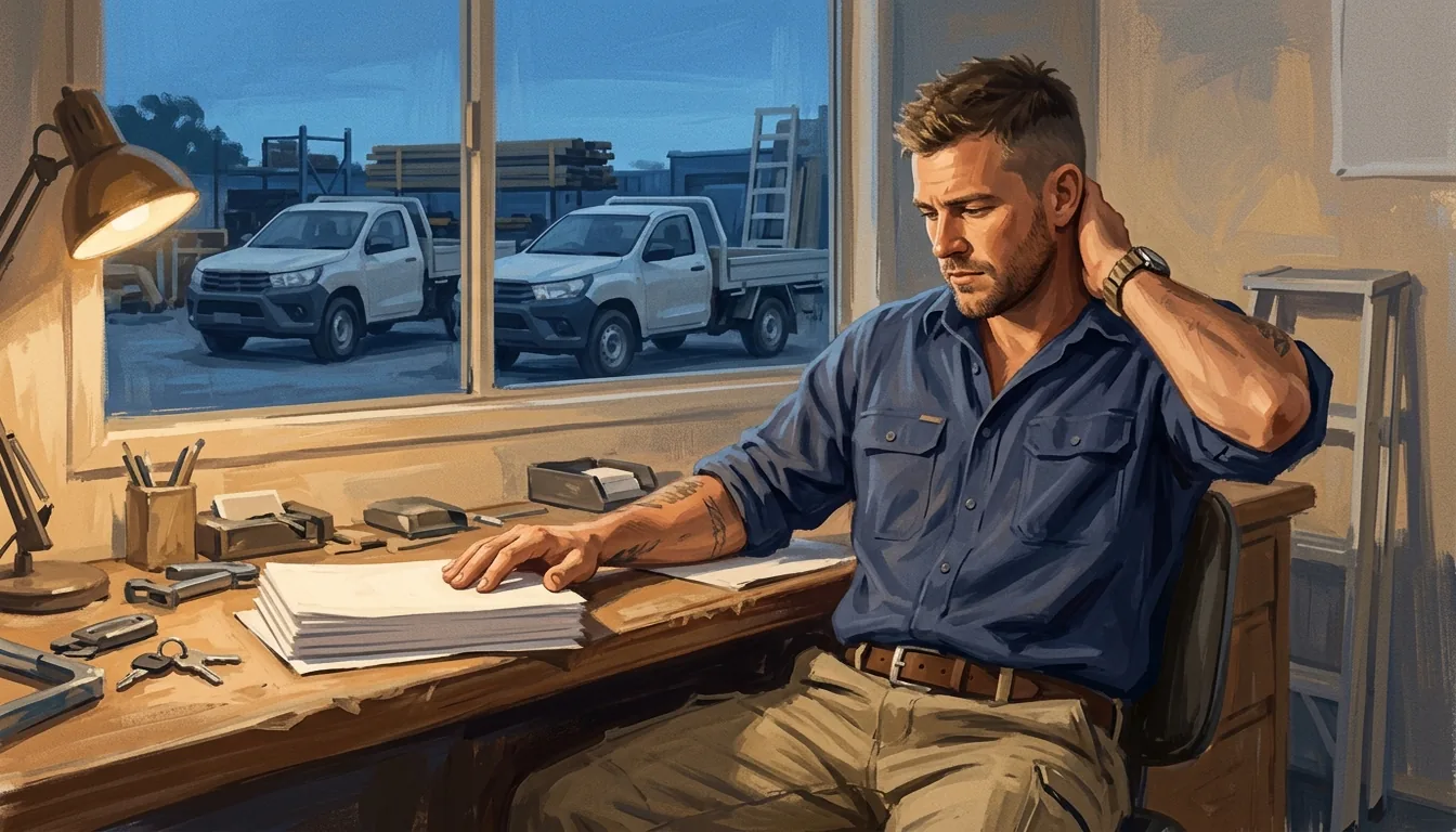 A trade business owner alone in the site office after dark, still in work clothes, one hand on a stack of paperwork