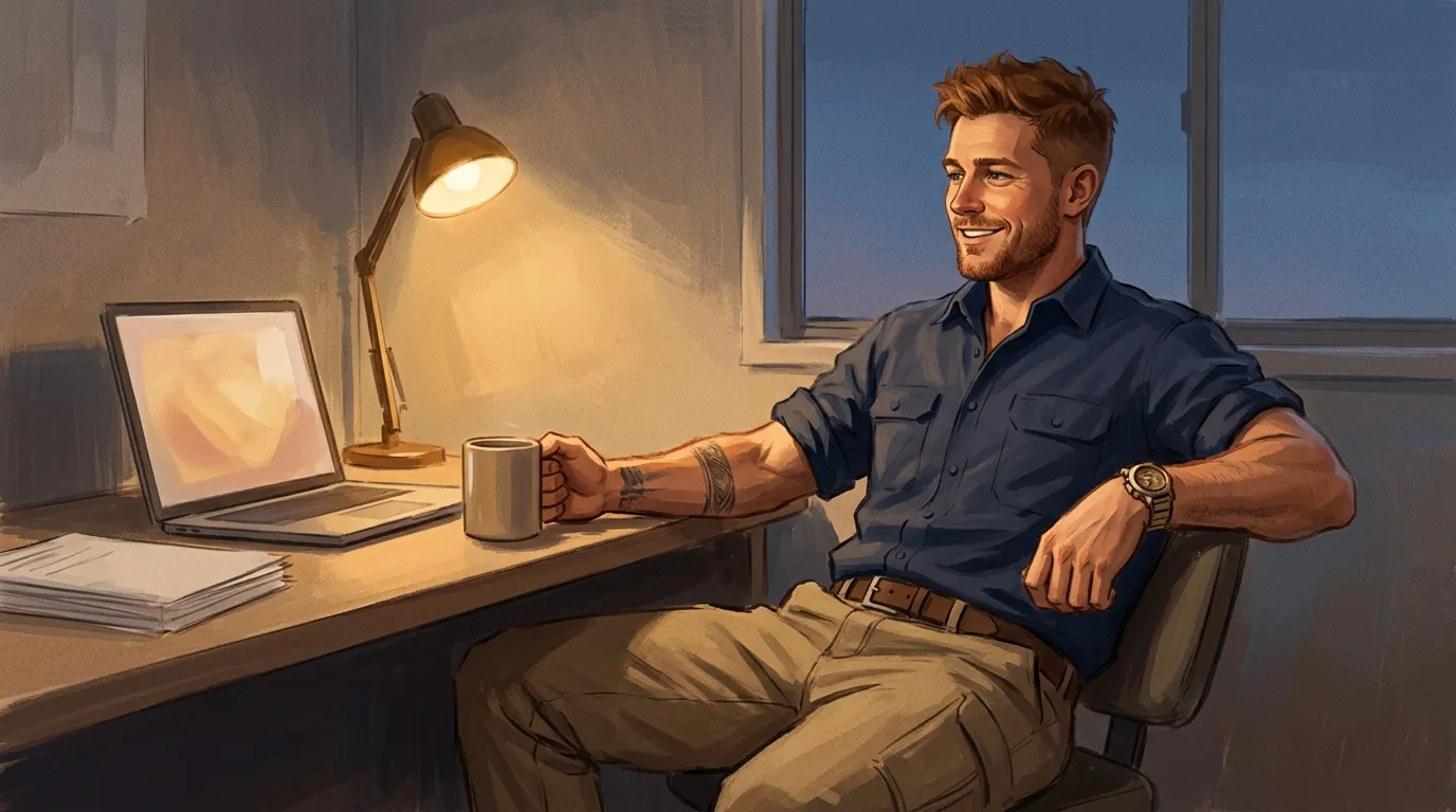 A young trade business owner sitting back at his desk in the evening, laptop open and lamp on, grinning at work that has already been done for him