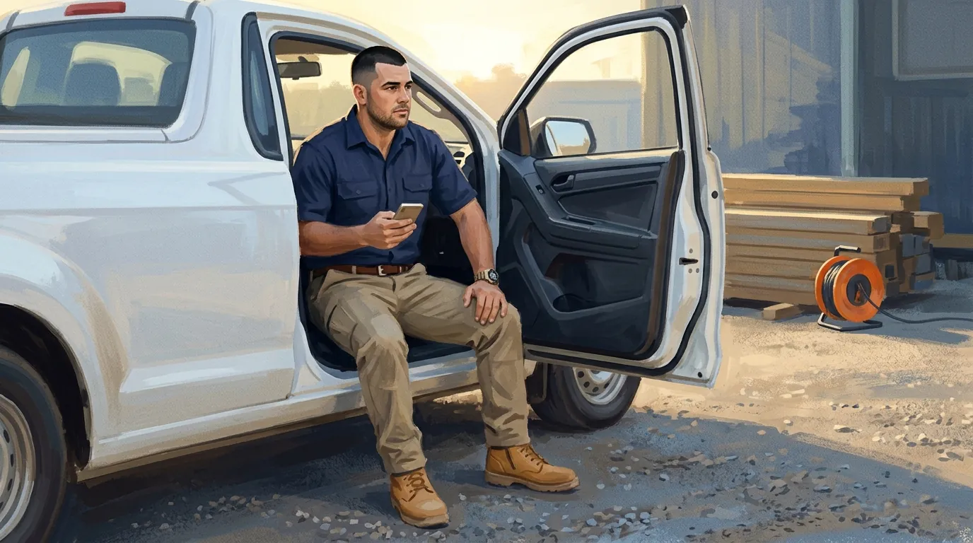 A young trade business owner sitting in the open door of his ute in the yard before the first job, thinking something over