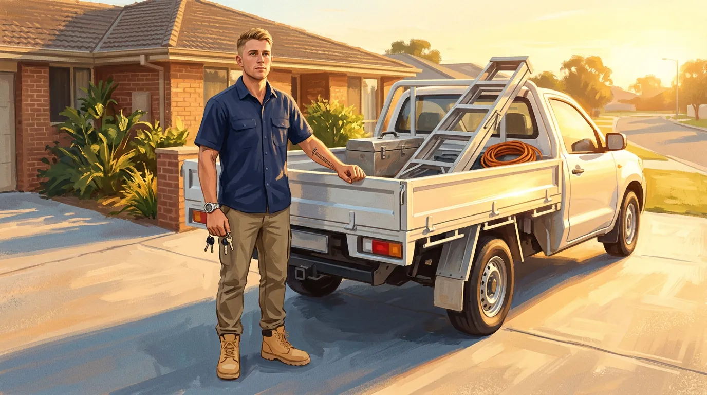 A young tradesperson standing at the open tailgate of his own ute in the driveway at sunrise, keys in hand, on the first morning working for himself