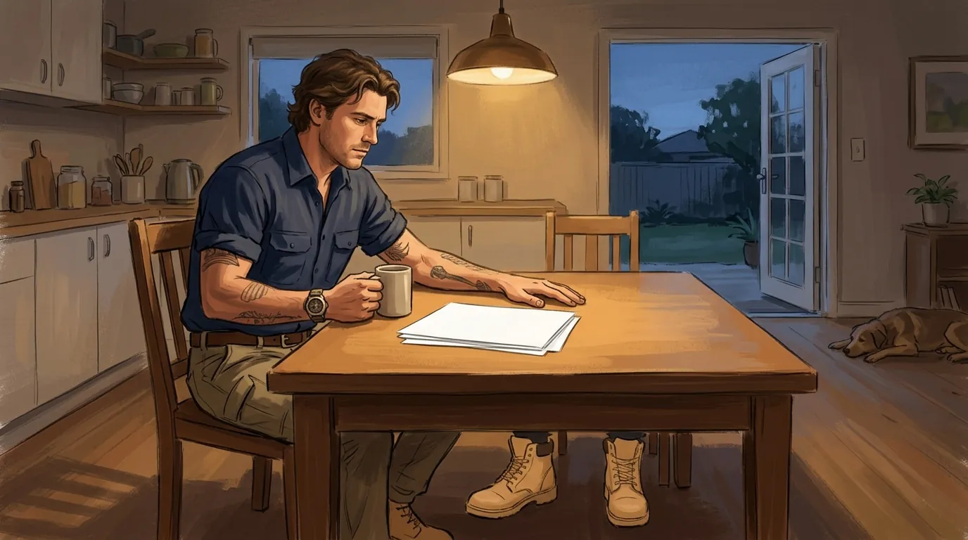 A young trade business owner alone at his kitchen table in the evening, mug in hand and paperwork spread out, working on the business after the tools are down