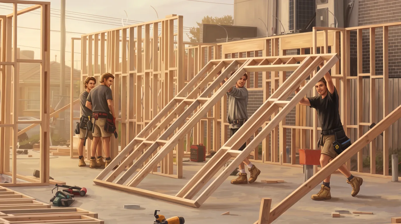 A painted scene of three carpenters on a slab standing timber wall frames upright, tool belts on, a nail gun and offcuts at their feet