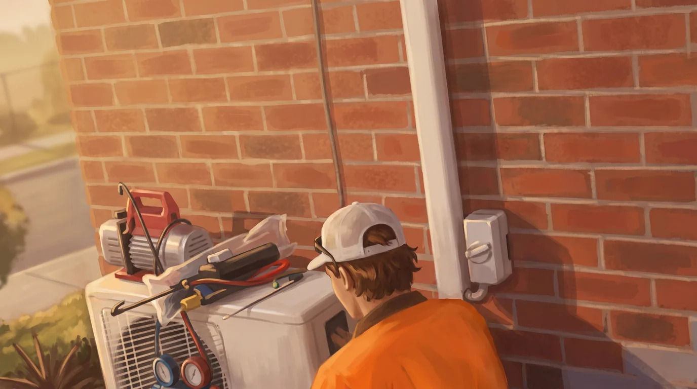 A painted scene of an air conditioning technician kneeling at an outdoor condenser unit against a brick wall, gauges and vacuum pump beside him