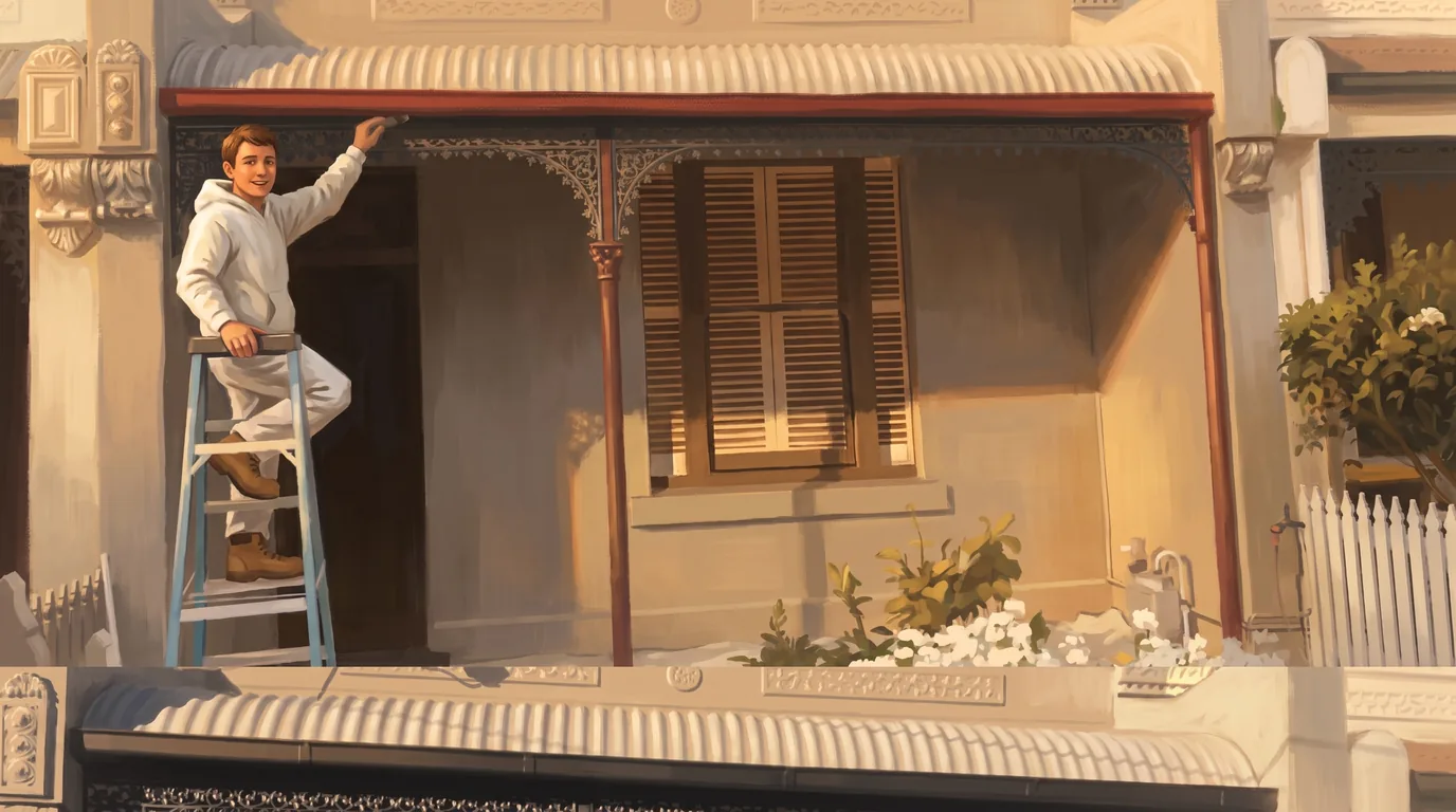 A painted scene of a painter in whites on a step ladder, cutting in the verandah of a Victorian terrace with iron lacework above him