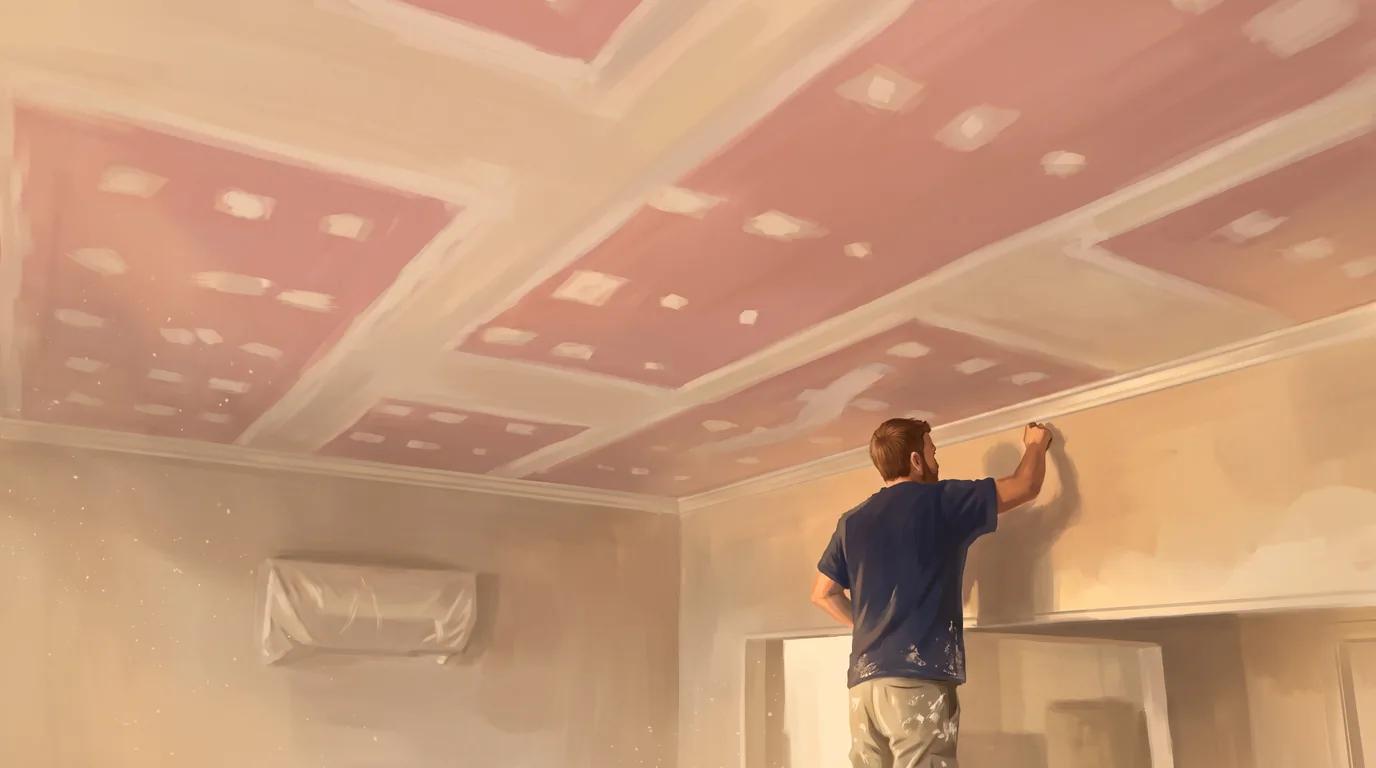 A painted scene of a plasterer reaching up to set the joints of a new plasterboard ceiling, the sheets still showing their stopping patches