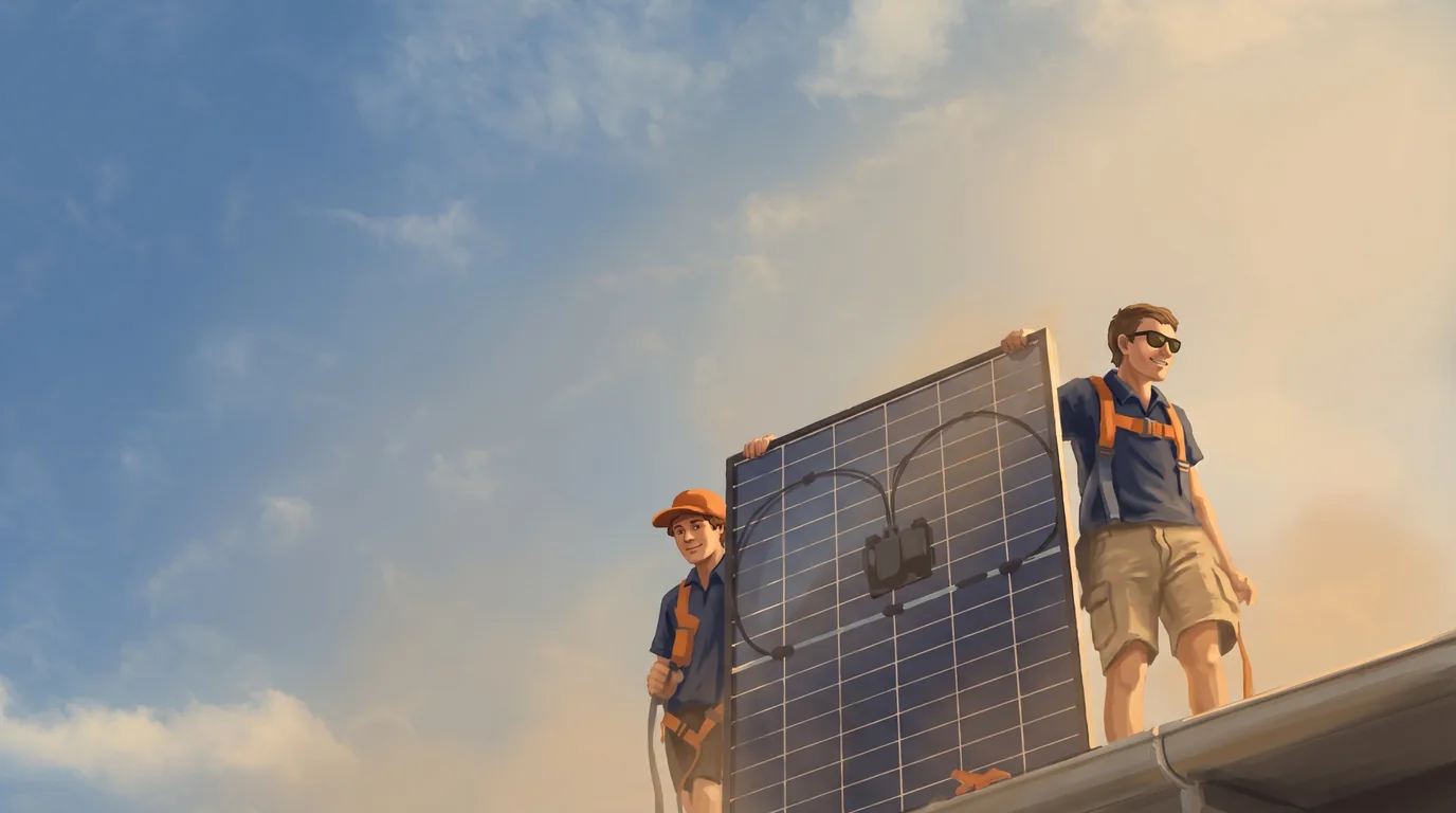 A painted scene of two solar installers standing a large panel upright on a roof edge against an open sky