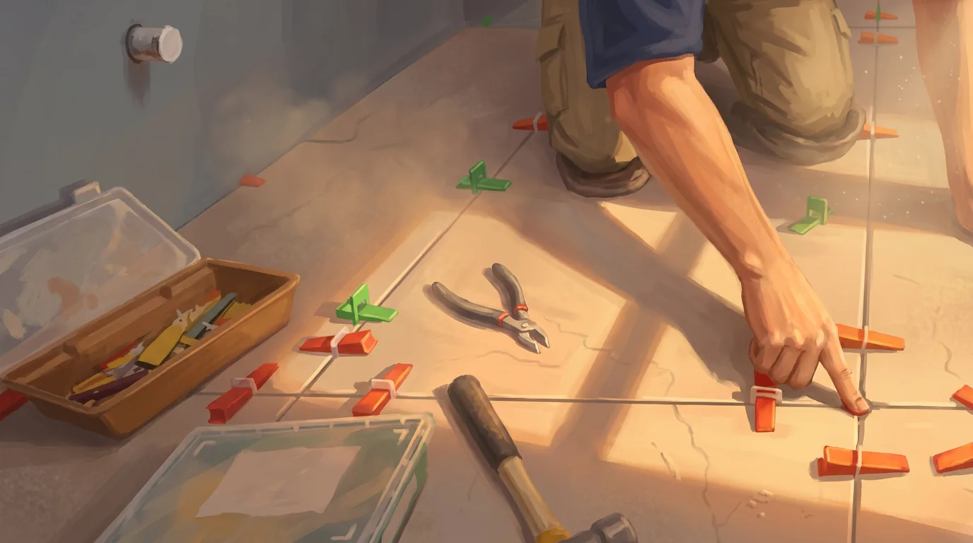 A painted scene of a tiler kneeling on a part tiled floor setting levelling clips into the joints, his toolbox open beside him
