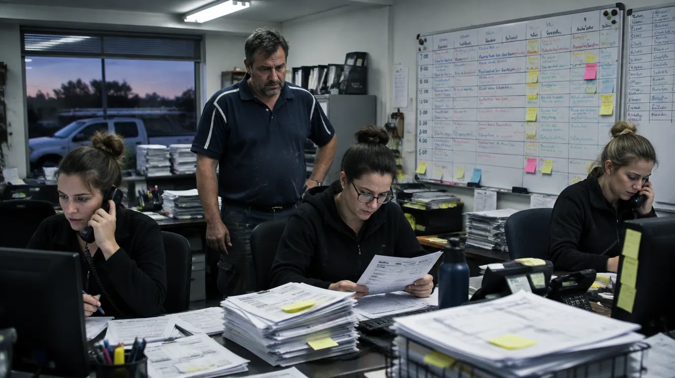 Illustration: a trade business owner standing over three office staff buried in paperwork at night.