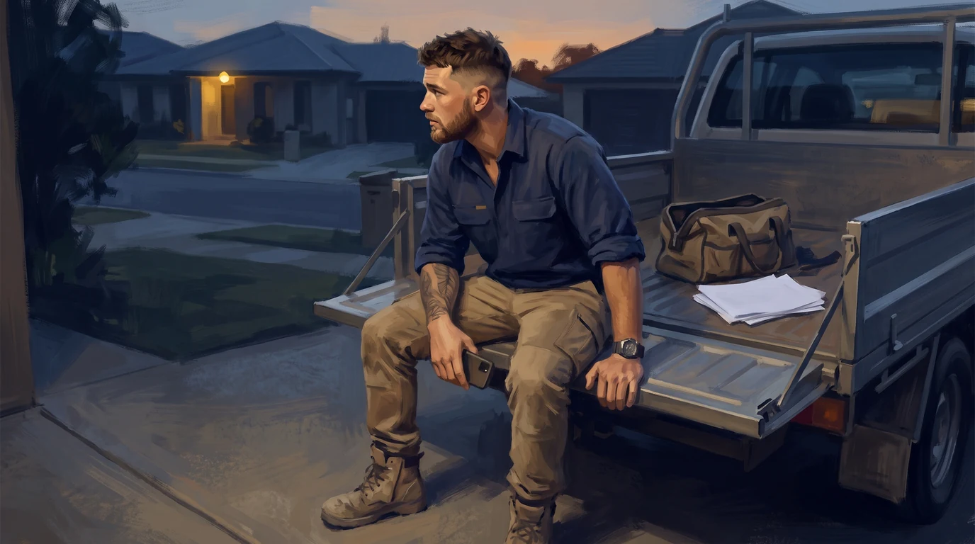 A painted illustration of a young Australian trade business owner sitting alone on the tailgate of his ute at dusk, phone face down, quote paperwork beside him.