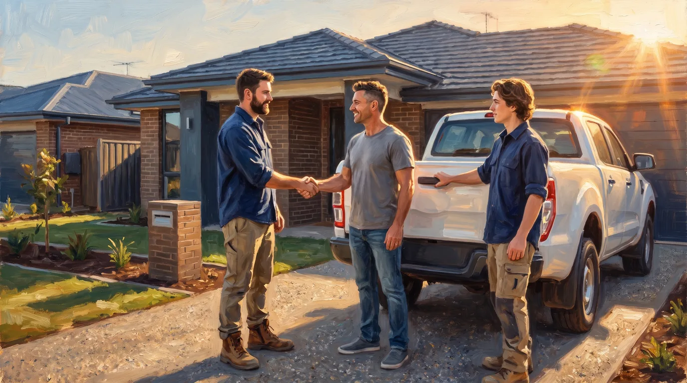 A painted illustration of a young Australian trade business owner shaking hands with a happy customer in a driveway in late afternoon sun, his offsider closing the ute tailgate behind them.