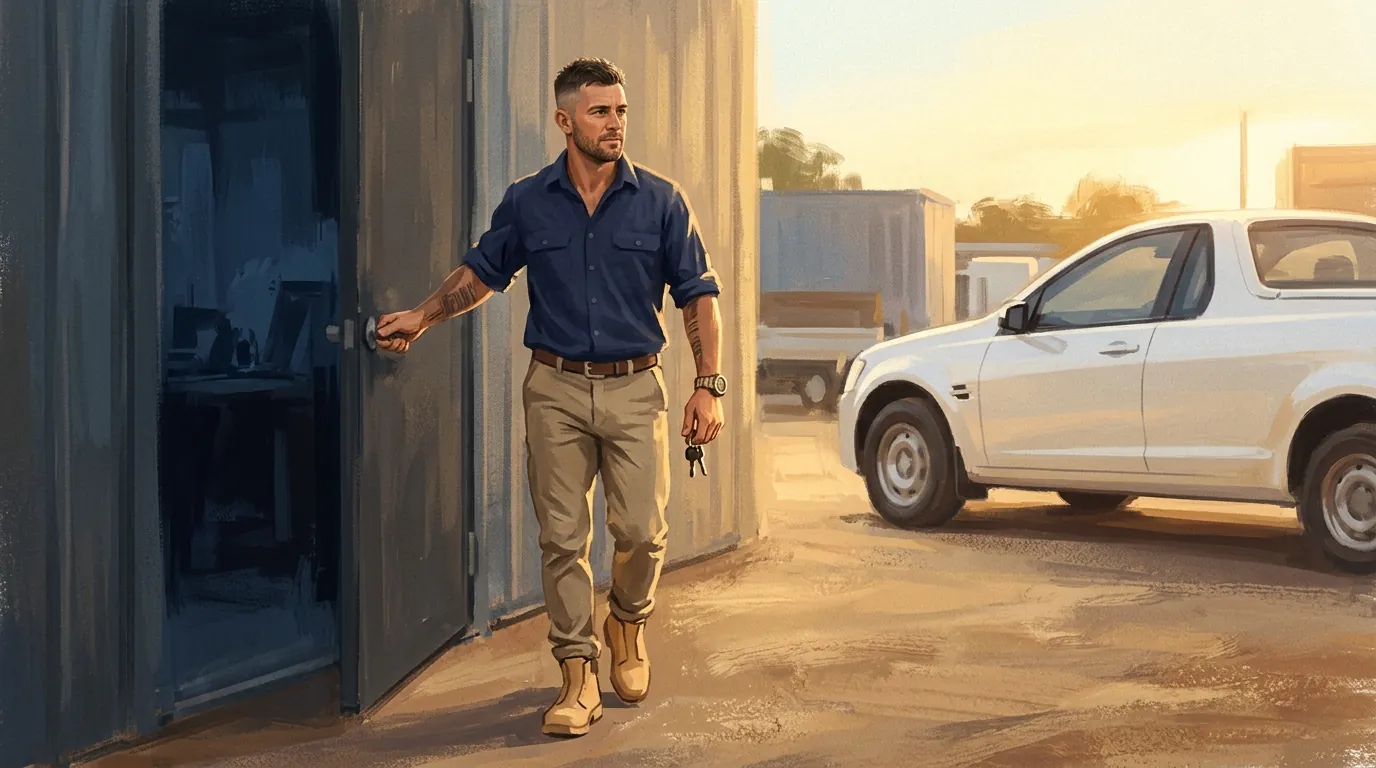 A trade business owner pulling the office door shut at five in the afternoon with the admin done