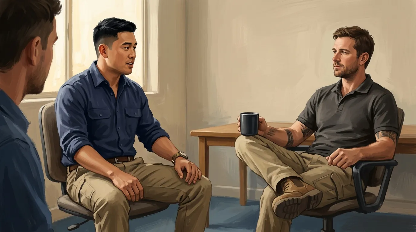A trade business owner leaning forward talking honestly with his coach in a quiet room