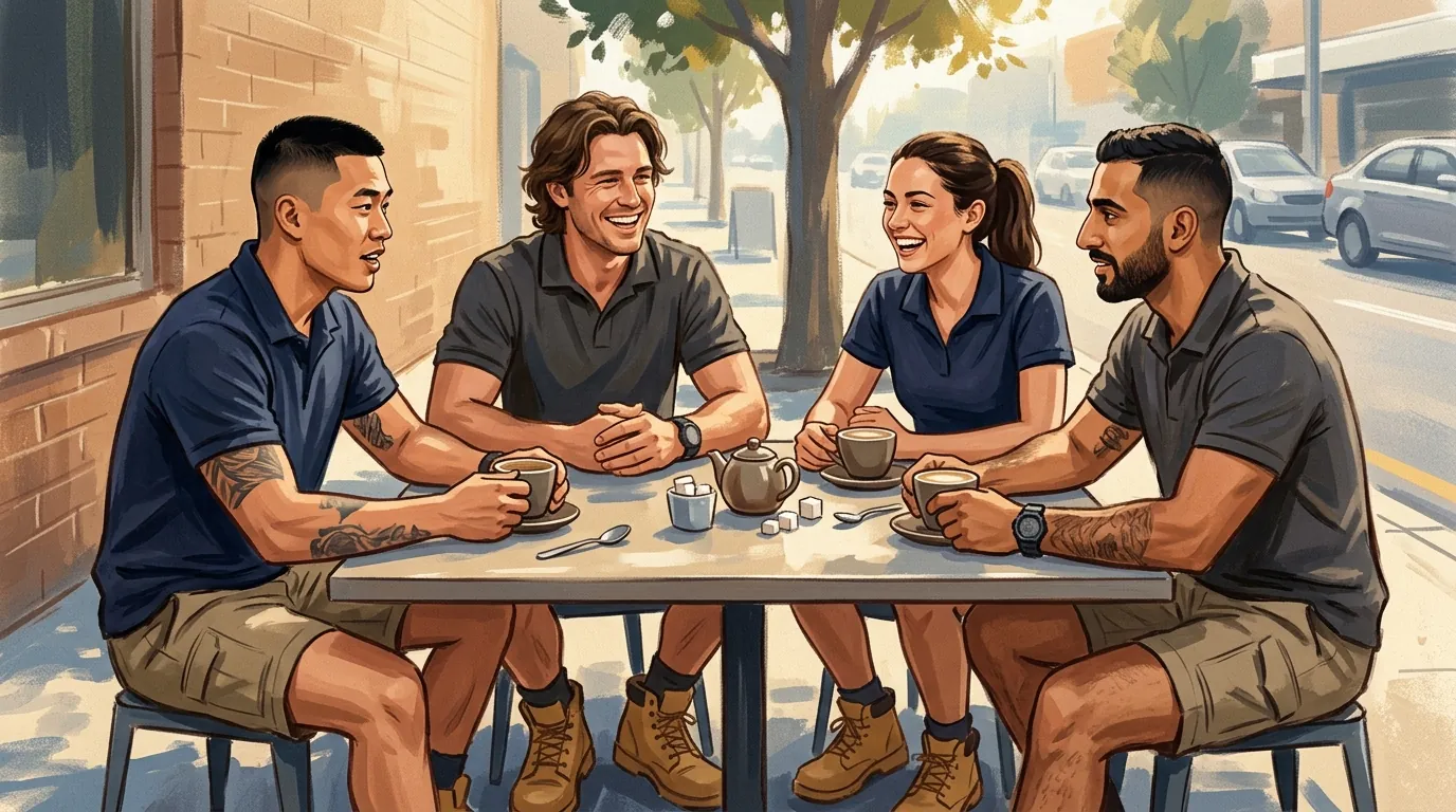 Four trade business owners around an outdoor cafe table with coffee, mid conversation