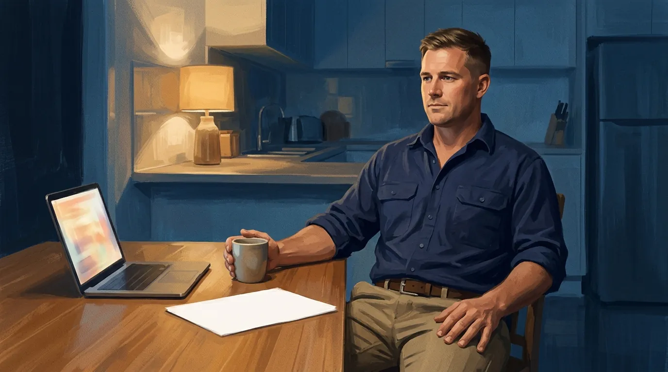 A trade business owner at his kitchen table at night, going through his numbers and finding he is alright