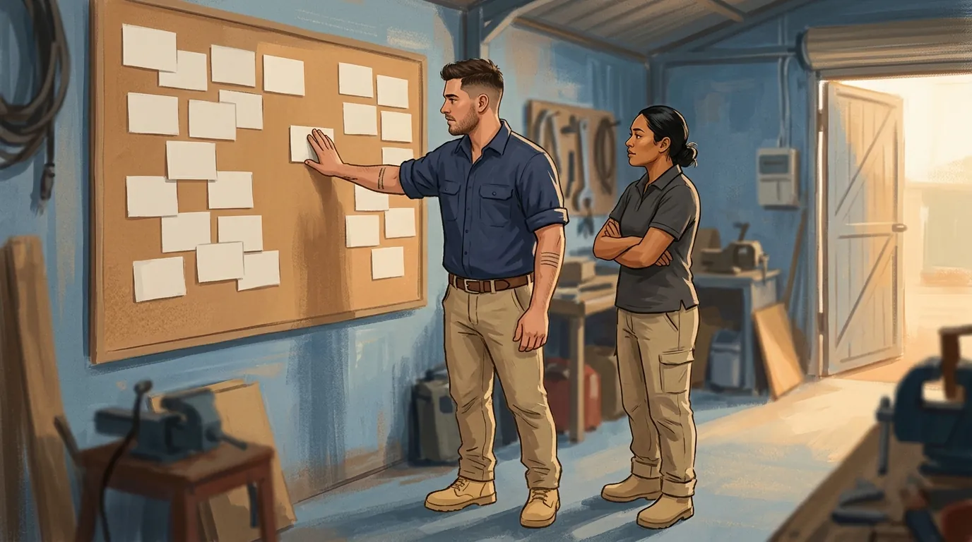 Two people moving cards across a planning board in a working shed