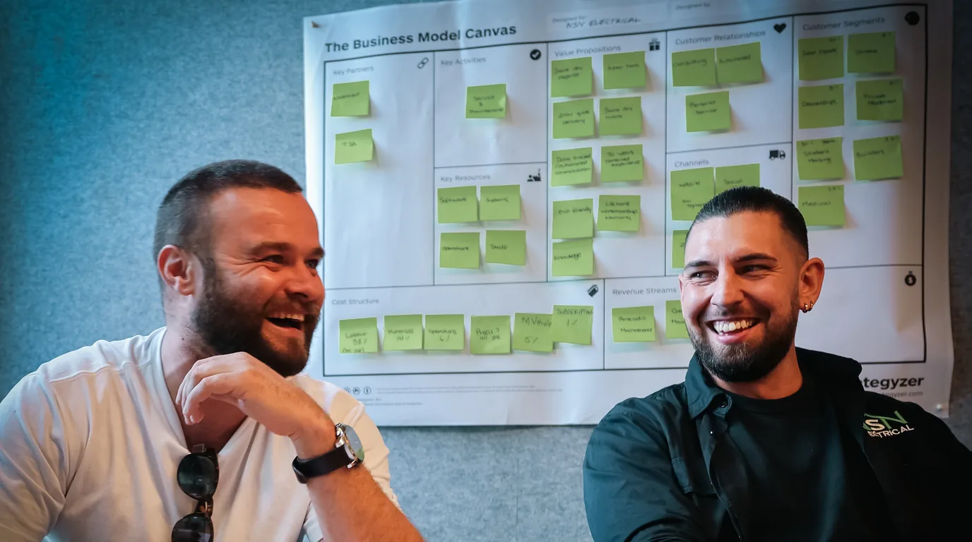 Two trade business owners laughing across the table with a business model canvas covered in sticky notes on the wall behind them