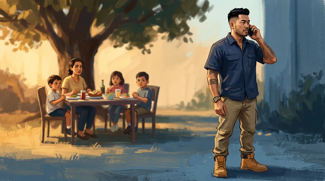 A trade business owner standing in his own back yard on a Saturday afternoon, still on the phone, while his family waits at the table behind him