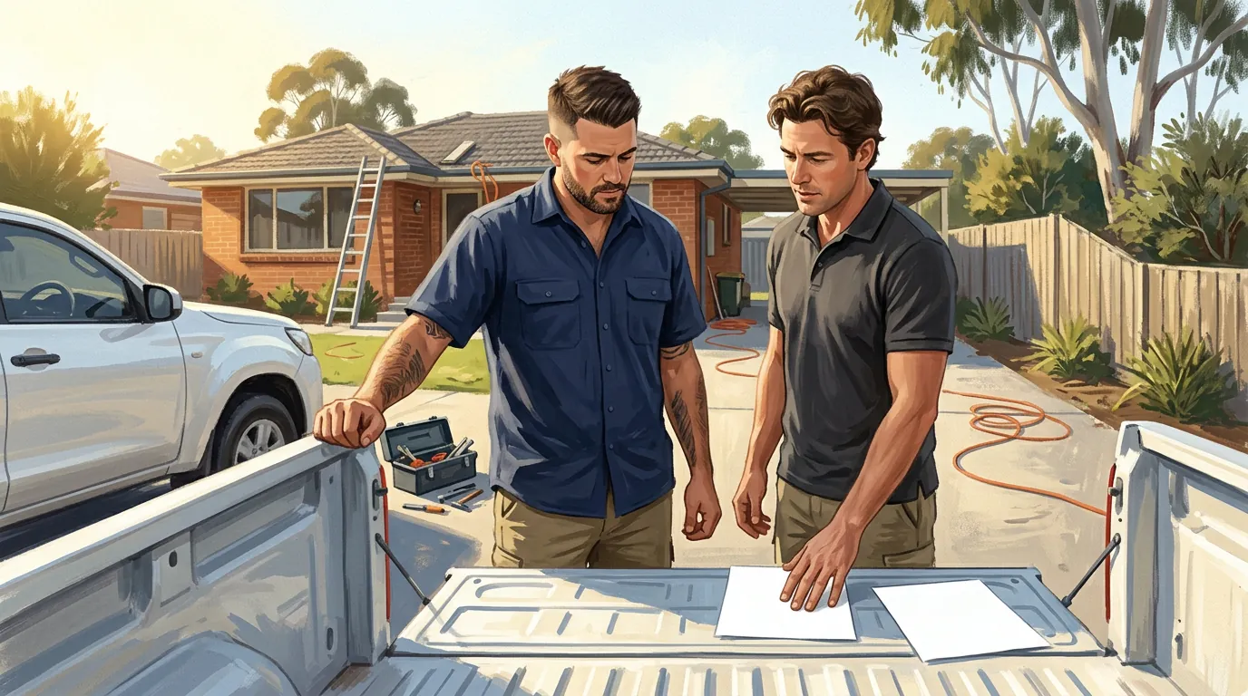 A trade business coach and a trade business owner standing at the open tailgate of a ute outside a job, going through the numbers together