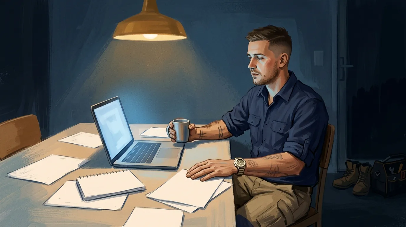 A trade business owner alone at his kitchen table at nine at night, laptop open and paperwork beside it, boots dumped by the back door