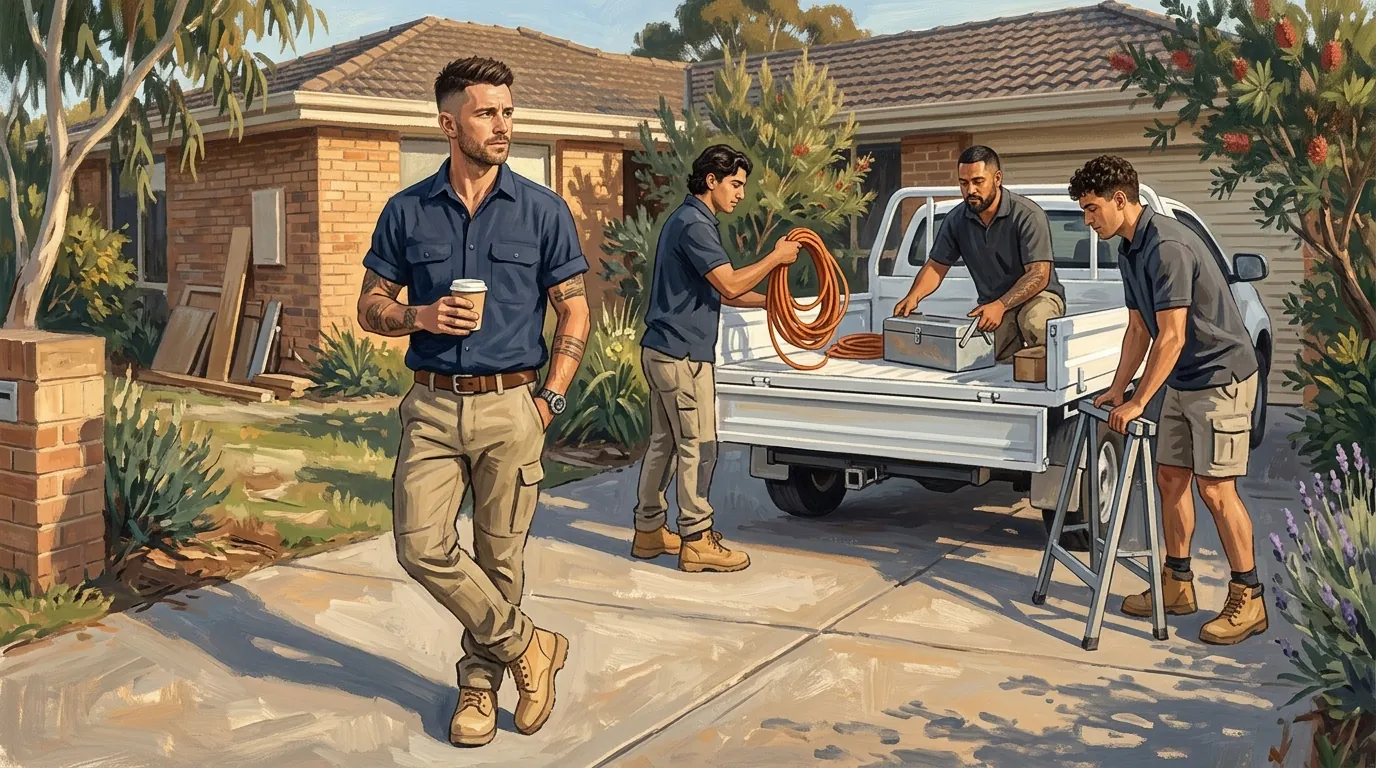 A trade business owner standing in his driveway with a coffee while three of his crew load the ute behind him without being told