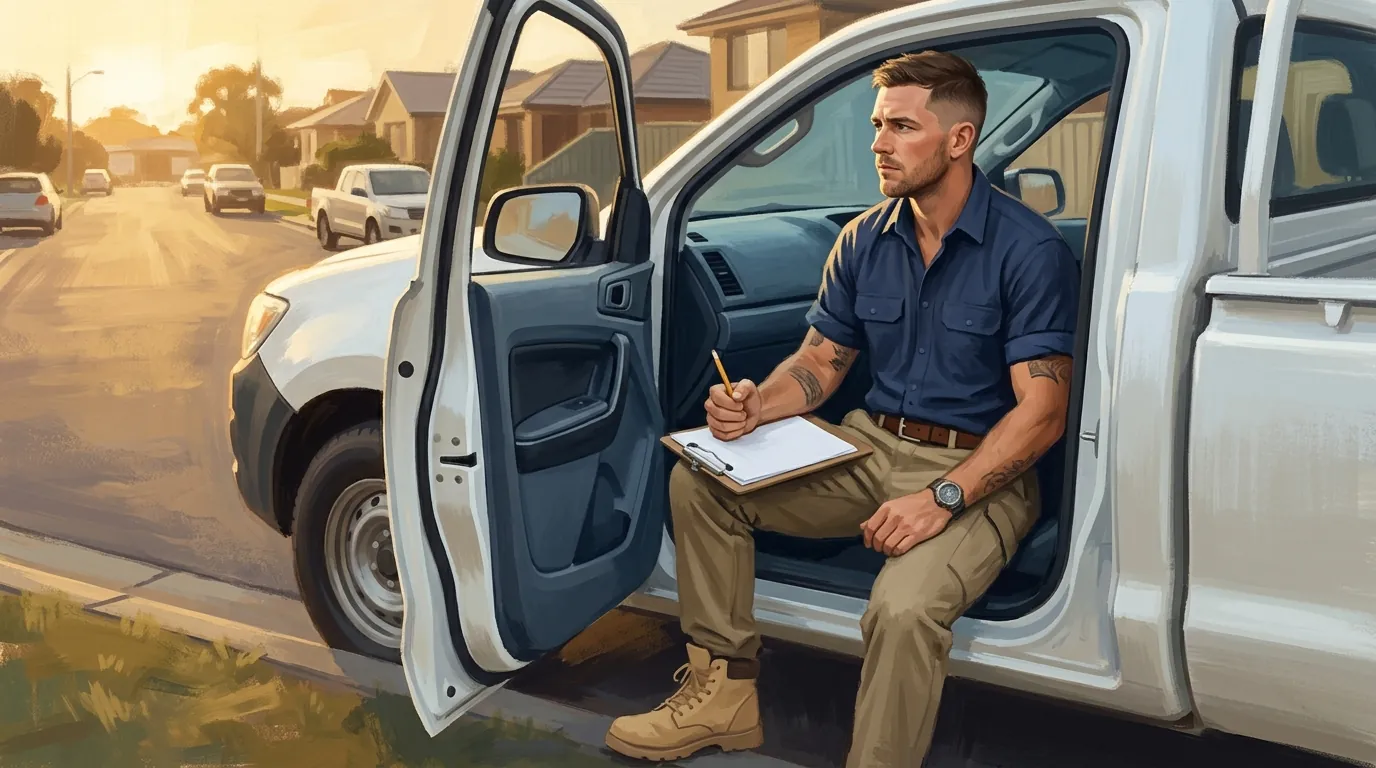 A trade business owner sitting in the open door of his ute with a clipboard on his knee, working out what to charge and not sure what the number should be