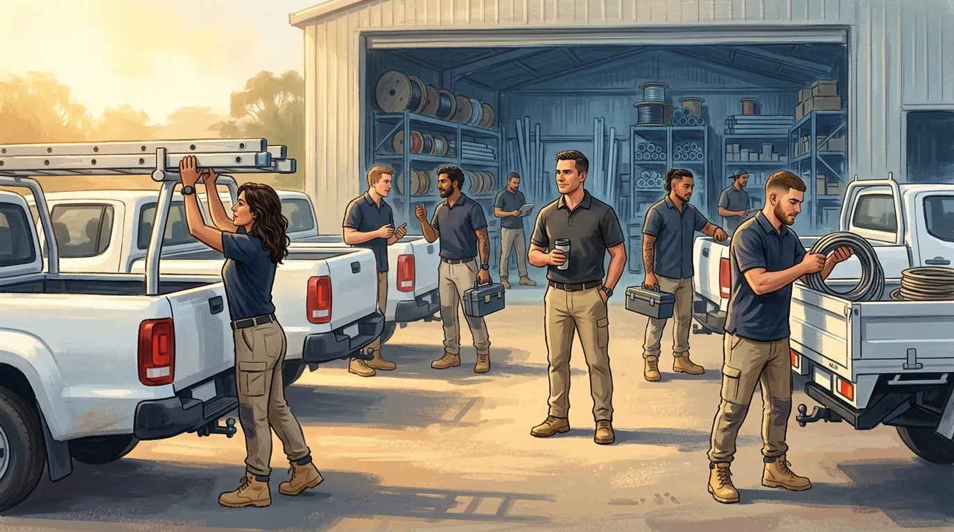 The yard of a real electrical business at half past six in the morning, five utes ready, a crew of seven loading and a racked-out shed behind them
