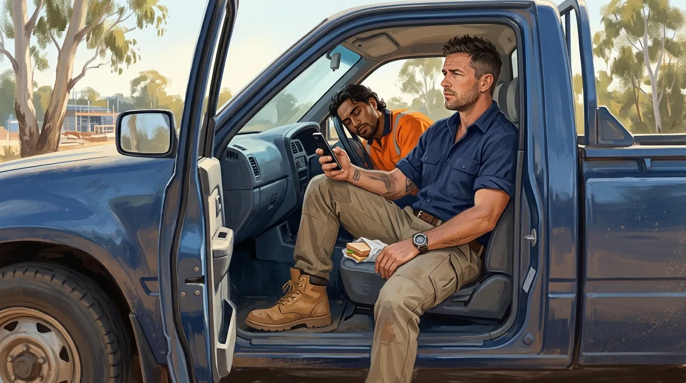 A trade business owner at smoko, sitting sideways in the open door of his ute with his phone in hand, thinking something over