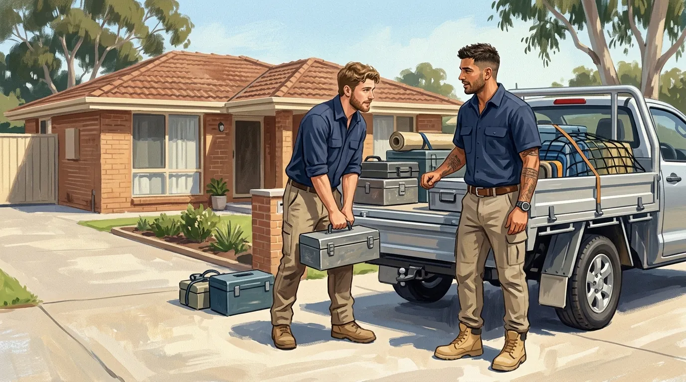 A young owner and his first employee at a properly loaded ute, talking through the day