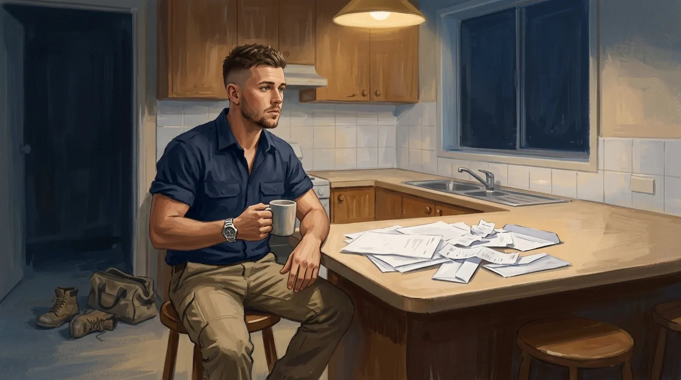 A young sole trader at his kitchen bench late at night, paperwork and unopened envelopes spread in front of him, out of his depth on the business side