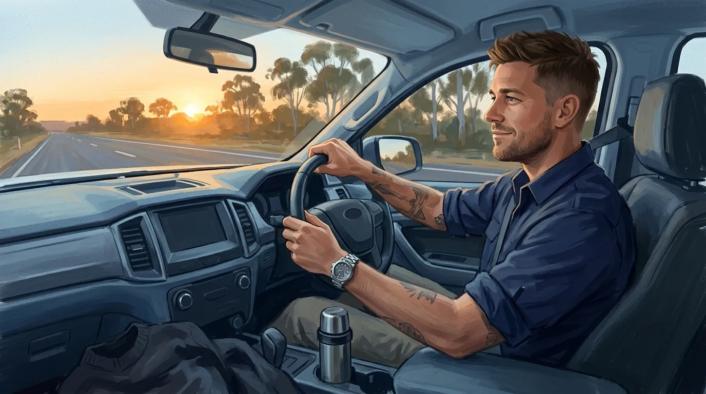 A trade business owner driving to his first job at sunrise, both hands on the wheel, listening to something and half smiling at it