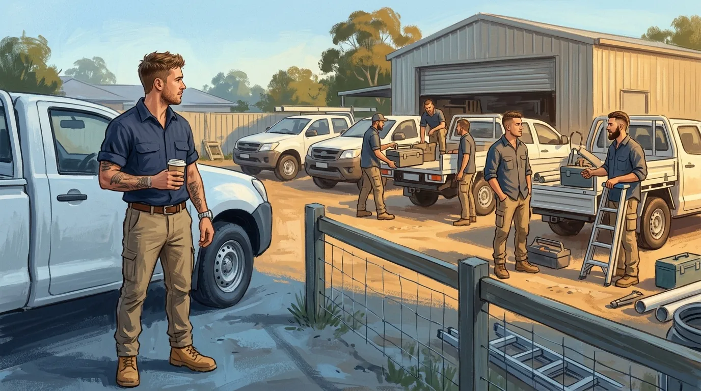 A trade business owner beside his single ute looking across a fence at a much larger operation, four utes and a full crew already moving