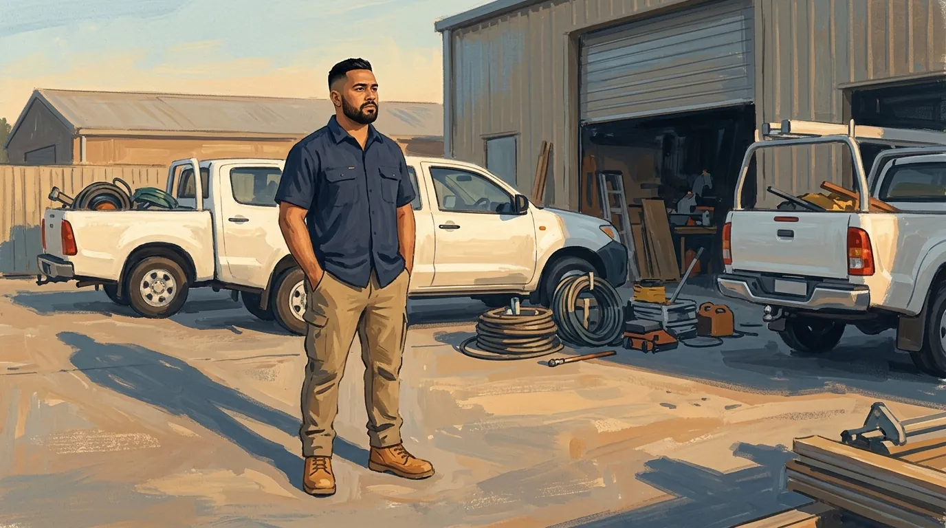 A trade business owner standing alone in his yard at last light, hands in his pockets, looking at a business that works but is eating him