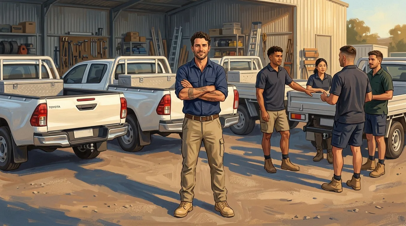 A trade business owner standing with his arms folded in front of the business he built, three utes and a crew of five finishing up behind him