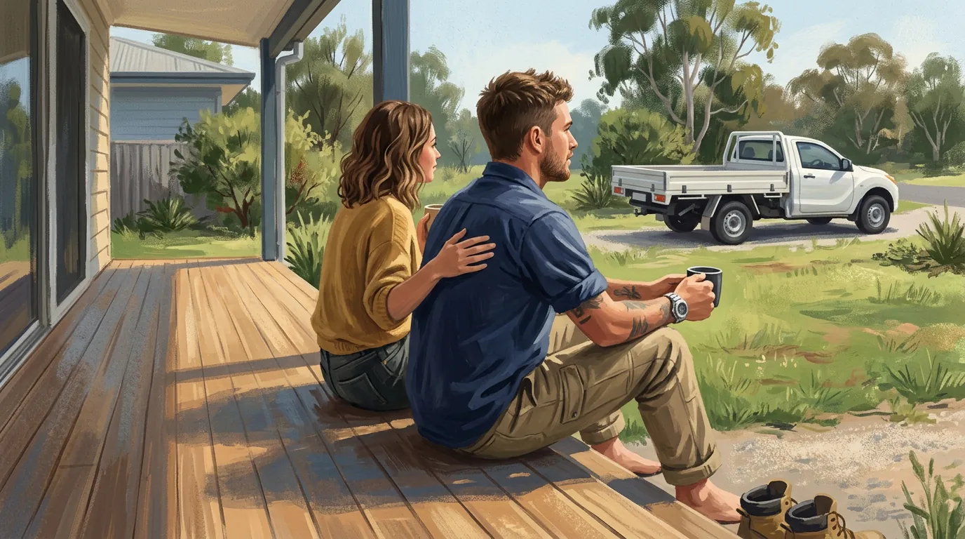 A trade business owner and his partner sitting together on the deck step with coffee on a weekday morning, the work done and the time his own